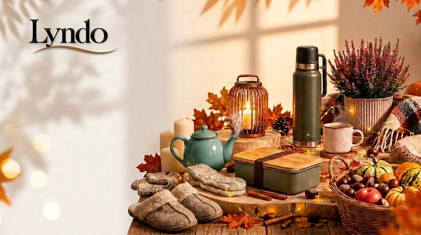 Herfstsfeer van Lyndo: thermosfles, lantaarn, mok en warme sloffen op een houten tafel